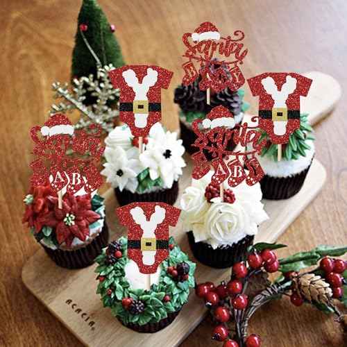 Rsstarxi 24 Pack Santa Baby Cupcake Toppers Glitter Merry Christmas Cupcake Picks Santa Baby Shower Cake Decoration for Gender Reveal Boys Girls Birthday Christmas Party Decorations