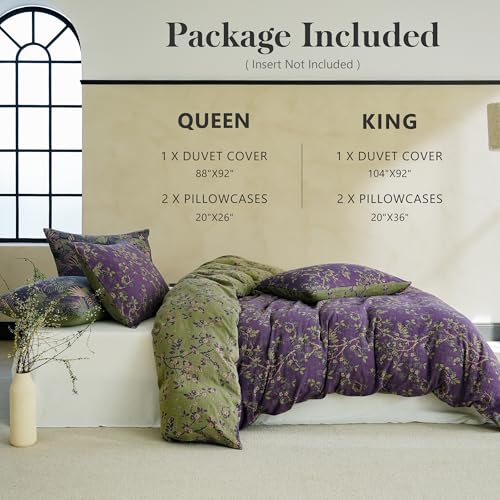 Queen Size Purple Floral Muslin Duvet Cover Set with Zipper & Corner Ties