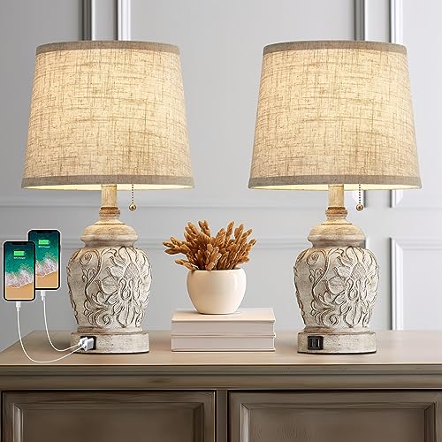 19.5" Vintage Rustic Farmhouse Table Lamps Set of 2 with Pull Chain & USB Ports, White Finish