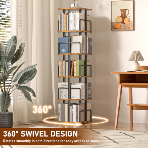 5-Tier Rotating Bookcase - Rustic Brown Corner Spinning Shelving Unit with Metal Guardrails
