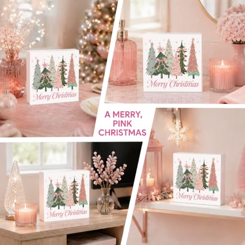 FXEFXE Merry Christmas 5x5 In Wooden Box Sign – Pink Coquette Bow Desk Decor