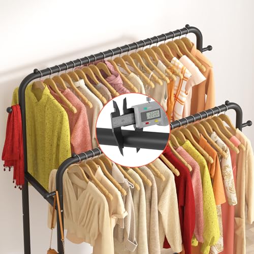 Black Double Rod Garment Rack with Wheels & Hooks, Multi-Functional Clothes Organizer