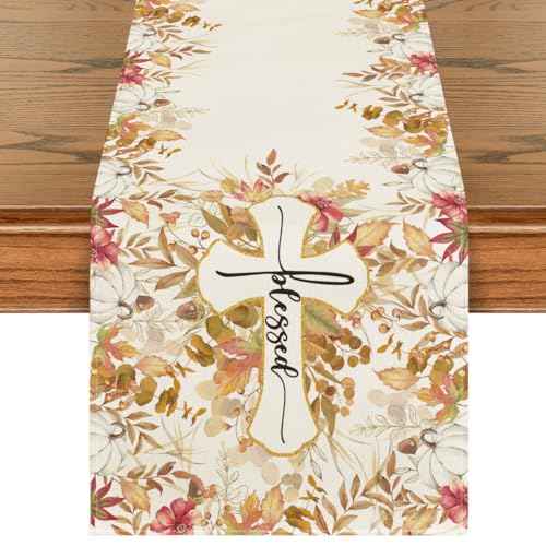 Artoid Mode Cross Blessed Eucalyptus Pumpkins Fall Table Runner, Seasonal Autumn Kitchen Dining Table Decoration for Home Party Decor 13x72 Inch
