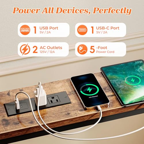 SUPERJARE 102 Inch Rustic Brown Sofa Table with 2 Power Outlets & USB-C Ports - 5.9" Wide
