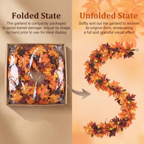 6Ft Fall Garland with 30 Lights & Timer - Autumn Mantle Decor
