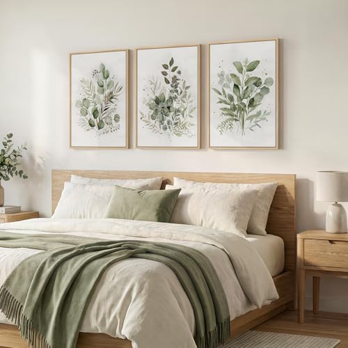 Sage Green Botanical Wall Art Set - Framed Canvas, 3 Pieces, 16x24 Inches, Modern Home Decor