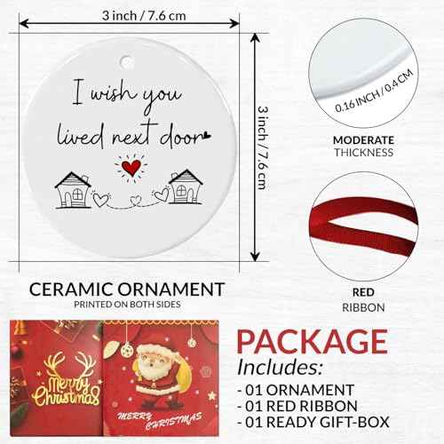 I Wish You Lived Next Door Christmas Ornament - Friendship Gifts for Women Birthday for Best Friends Bestie Soul Sister BFF Long Distance Keepsake Ceramic Ornaments, Going Away Friends Moving Gifts