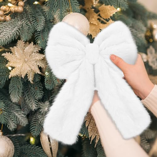 Janinka 6Pcs Large White Faux Fur Christmas Bow Ornaments 13.4 x 9.1 in - White/Plain