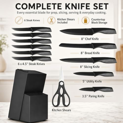 Black 14-Piece Knife Set with Built-in Sharpener and Block – Dishwasher Safe