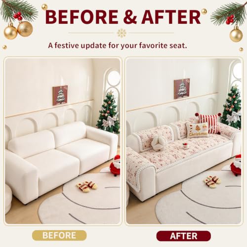 Christmas Plush Sofa Cover 28x94 for Large Sectional Sofa – 1PC, Beige/White, Non-Slip Dog Friendly