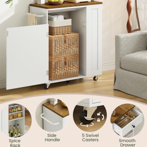 Mobile Kitchen Island Cart with Storage and Hidden Trash Bin - White Walnut Finish