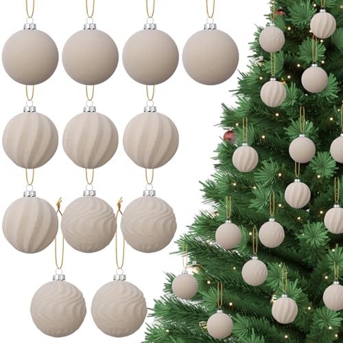 Cream Velvet Christmas Ornaments Set - 12pcs 2.36 Inch Holiday Tree Decorations