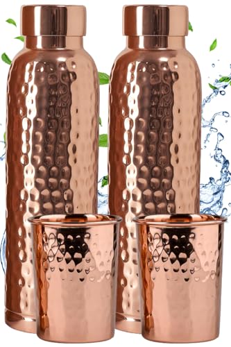 Hammered Copper Water Bottle Set of 2 with Cups - 34 oz Leak-Proof Drinking Vessels for Yoga, Travel & Office
