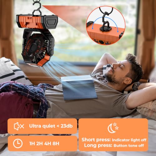 Portable Camping Fan with 20000mAh Battery, LED Lantern, Remote, 4 Speeds, Hanging Hook - Black and Orange (8.9x11.4x4.6in)