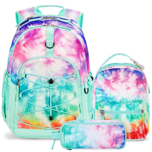Girls School Backpack Set with Lunch Box - Tie Dye Teal, 18 Inch, 3 Pcs