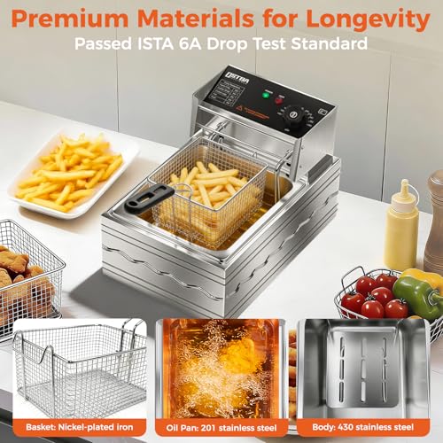 OSTBA 10.36QT Electric Countertop Deep Fryer with Basket, Stainless Steel Kitchen Appliance