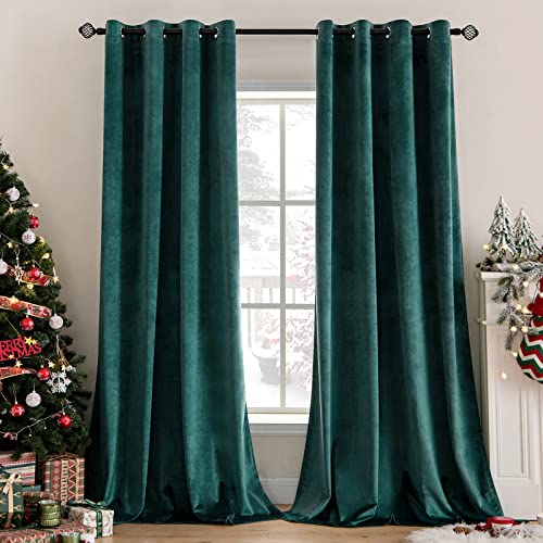 MIULEE Dark Green Velvet Blackout Curtains 52x96 Inches - Set of 2
