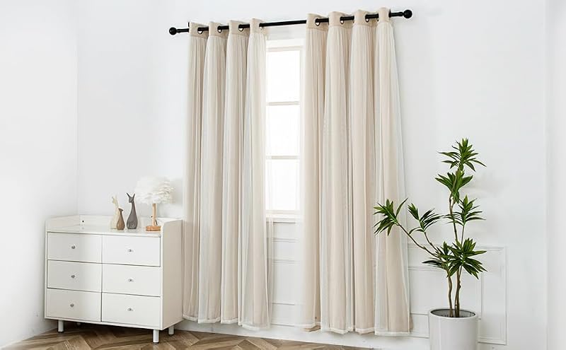 INLINAS Blackout Curtain with Sheer Overlay - Beige, 52x84 Inches, Pack of 2
