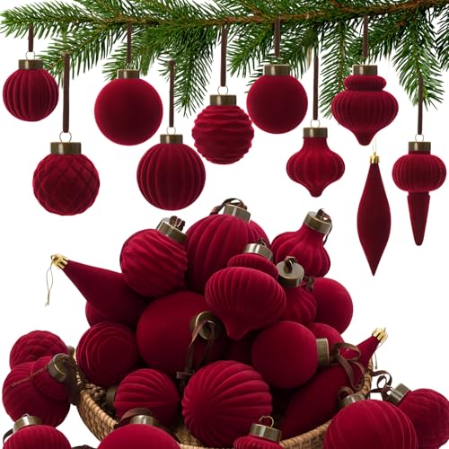 Menkxi 36 Pcs Burgundy Velvet Christmas Ball Ornaments Flocked Finial