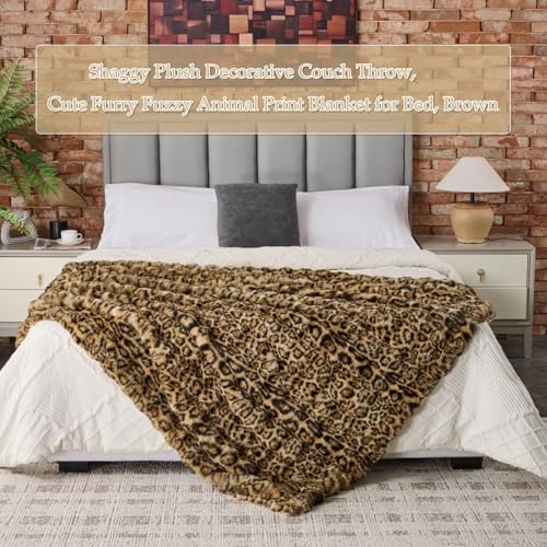 Faux Rabbit Fur Throw Blanket - Leopard Brown, 50x60 Inches, Super Thick & Cozy
