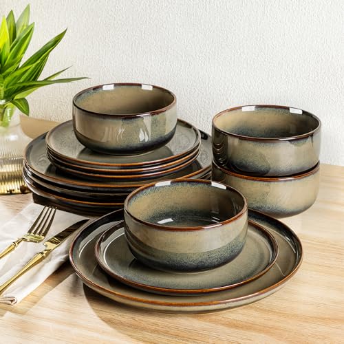 Ceramic Dinnerware Set for 4 - 12-Piece Mocha Brown Kitchen Plates & Bowls