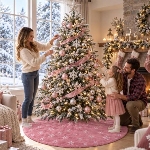 Yuboo Pink Silver Tree Skirt 48 Inch Faux Fur Christmas Decor