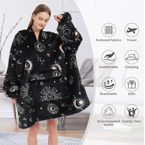 Sun and Moon Oversized Wearable Blanket Hoodie for Adults - Black Variation