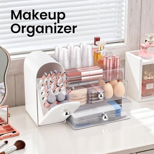White Makeup Organizer with Brush Holder, Large Capacity, Dustproof - TRQWRO