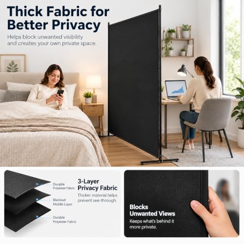 FCCRETA Black Room Divider 72x72 Inch Privacy Screen with Thickened Fabric