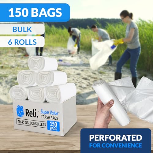 Reli. 40-45 Gallon Heavy Duty Trash Bags Pack of 150 - Leak-Proof Clear Waste Bags