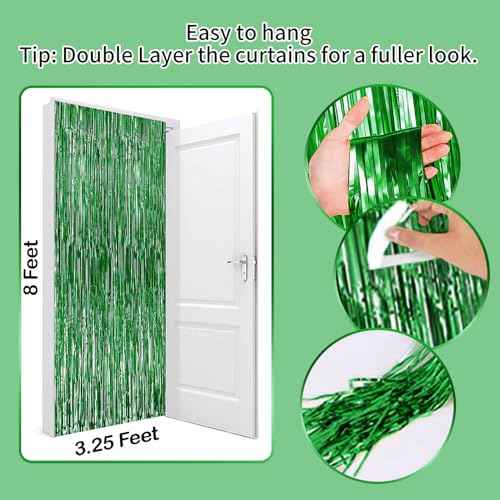 Green Curtains for Party, 3 Pack 3.2ft x 8.2ft Green Streamers, Birthday & Football Party Decorations, Jungle Theme, Photo Booth Props