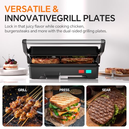 Novalife Black 3-in-1 Panini Press Grill, 1000W Electric Sandwich Maker with Non-Stick Plates, Opens 180°, Removable Drip Tray