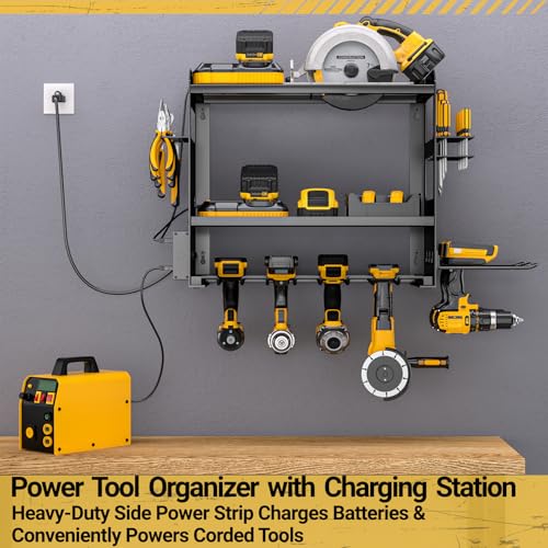 Wall Mount Power Tool Organizer with Charging Station Black - Heavy Duty Drill Rack & Battery Storage