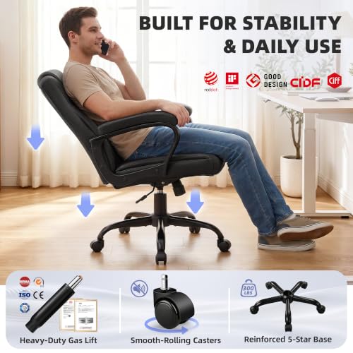 Black Executive Office Chair - PU Leather Desk Chair with Padded Arms
