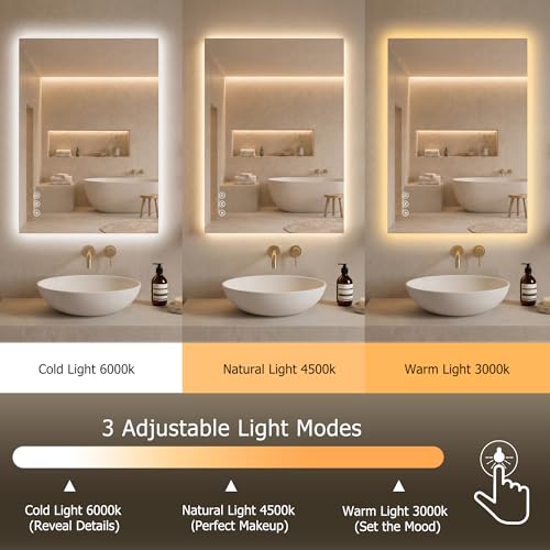 White 24x36 Inch LED Bathroom Mirror with Lights, Anti-Fog, Dimmable Backlit