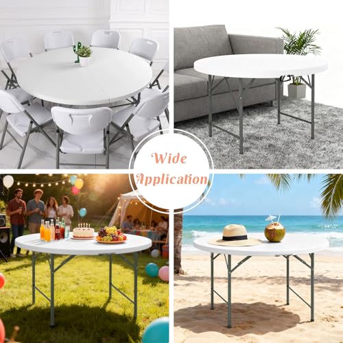 4 FT White Round Folding Table with Carrying Handle - Portable Plastic Outdoor Indoor