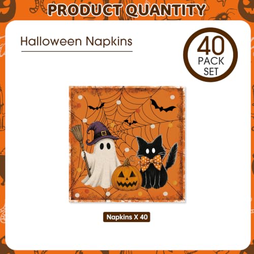 Litmitfu Halloween 40-Count Napkins (6.5 in) Orange Ghost Cat Pumpkin – Disposable Cocktail Dinner Napkins, Party Supplies, Variation: Halloween