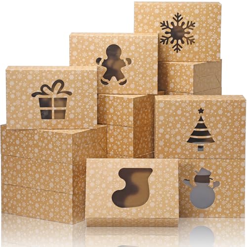 COTOPHER 12 Pcs Christmas Cookie Boxes with Window 9x6x3 inch Brown Bakery Boxes Snow-Xmas-Box-9x6x3-Brown-12