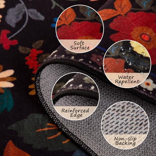 RELEANY Black Floral Washable 6x9 Area Rug - Non-Slip Boho Living Room Carpet