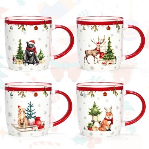 Homlouue Christmas Animal Mugs Set of 4 - Woodland Creatures Holiday Coffee Cups