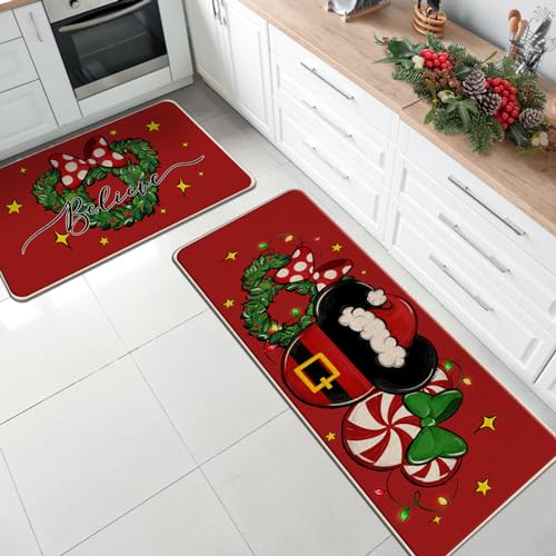 Tailus Christmas Believe Santa Red Kitchen Rugs Set of 2, Red Mouse
