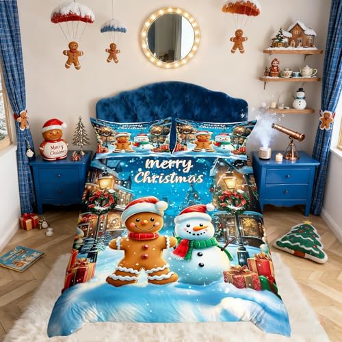 Manfei Blue Brown King Size Kids Bedding Set Gingerbread Snowman Christmas Quilt Cover