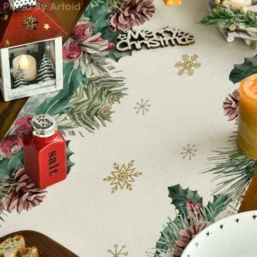 Artoid Mode Reindeer Pine Cone Leaves Christmas Table Runner, Seasonal Winter Floral Kitchen Dining Table Decor for Home Party 13x72 Inch