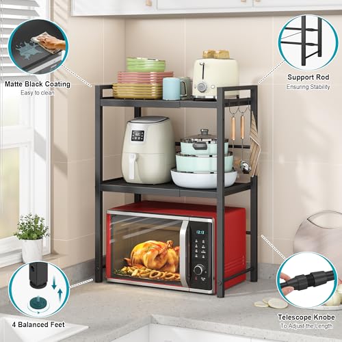 Black 3-Tier Expandable Microwave Oven Rack with Hooks - Space-Saving Kitchen Organizer