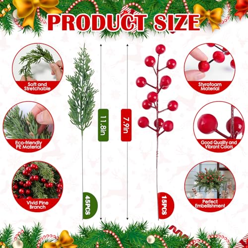 60Pcs Christmas Decorations-11.8'' Artificial Pine Branches with 7.9'' Red Berry Stems, Christmas Decor Faux Pine Greenery Stems, Christmas Tree Decorations & Christmas Picks for Indoor Outdoor