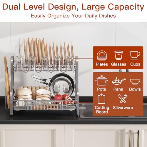 BOOSINY 2-Tier Stainless Steel Dish Drying Rack Silver 12.4"D x 17.1"W x 14.2"H
