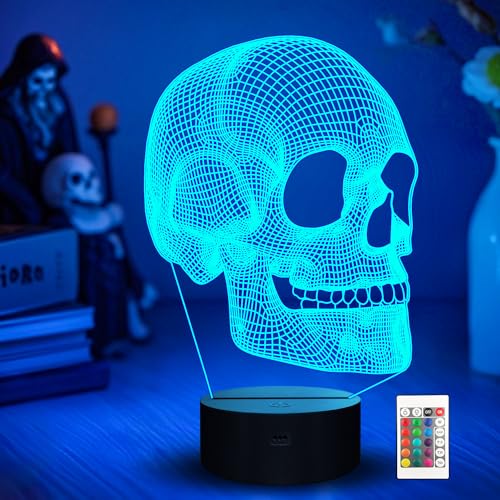Ammonite Skull Night Light for Kids, 3D Illusion Lamp LED Desk Table Lamp 16 Colors Change with Remote Control and Timing Function, Best Christmas Halloween Birthday Gift for Child Boys