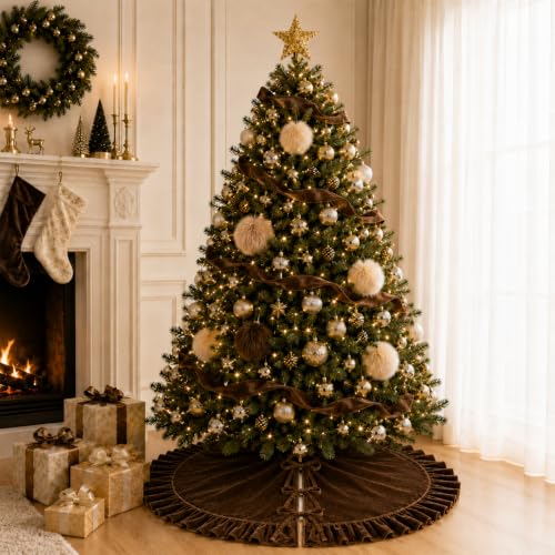 Amidaky Brown Ruffled Velvet Christmas Tree Skirt 48 Inch Holiday Decoration