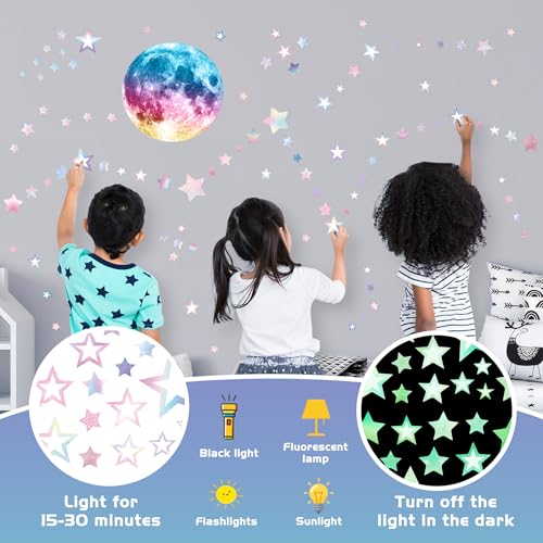 Glow in The Dark Stars for Ceiling, Holographic Colorful Moon Planet Wall Decals, Boys Girls Nursery Bedroom Wall Stickers