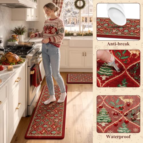 Collive Red Elk Christmas Kitchen Anti-Fatigue Mats Set 17.3 x 47" + 17.3 x 29", 0.47" Thick